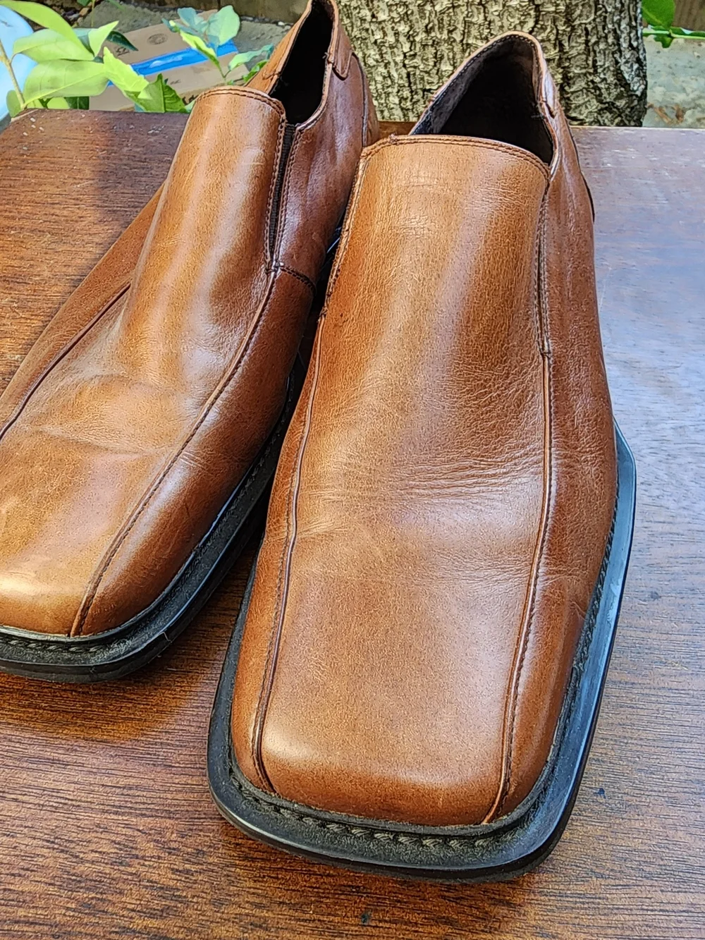 Kenneth Cole Reaction Men's Brown Leather Square Toe Slip On Loafers Shoes 11.5